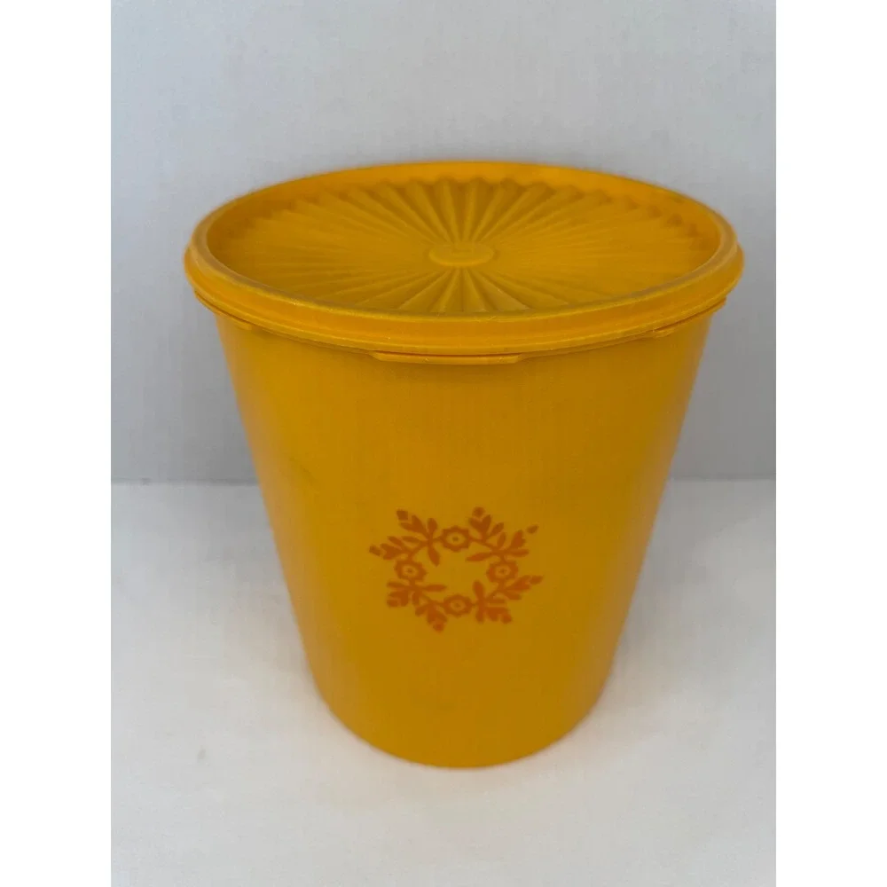 Vintage‎ Tupperware Servalier Canister Yellow Sunburst Lid Floral 1339-3 1205-4
